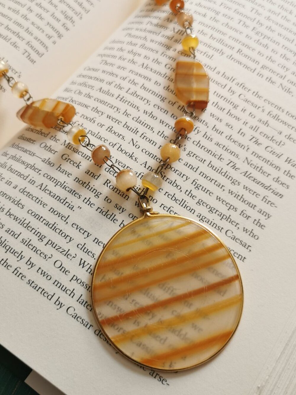 Vintage Sun Pendant Golden Orange Carved Necklace Etched Aztec Sundial Beaded